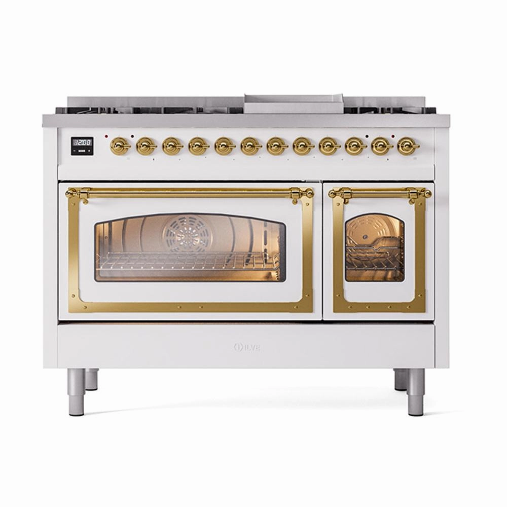Ilve UN48FNMPWHGLP Ilve Un48Fnmpwhglp Nostalgie Ii Noblesse 48" Dual Fuel Range (8 Sealed Burners   Griddle, Liquid Propane, Triple Glass Door, White, Brass)