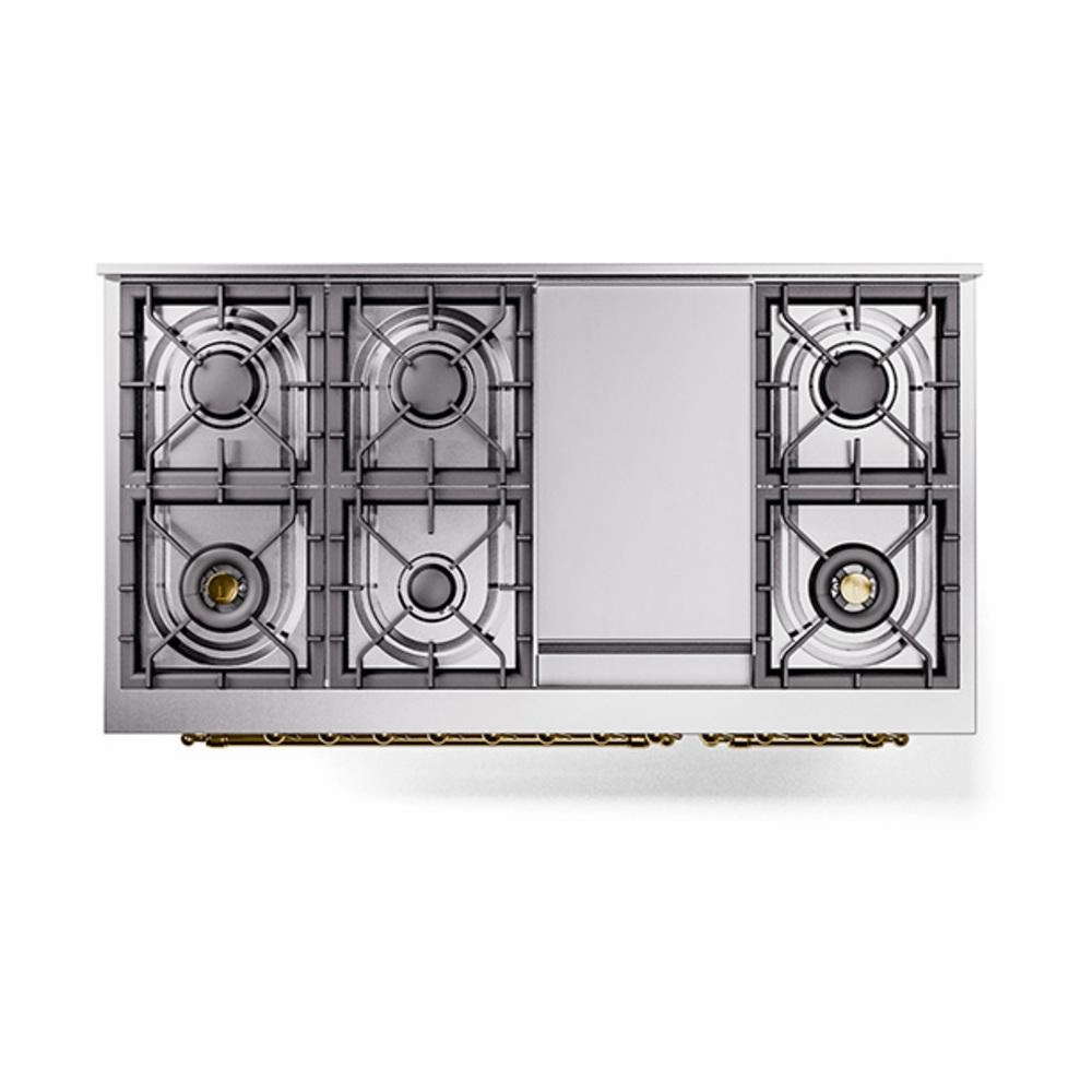Ilve UN48FNMPWHGLP Ilve Un48Fnmpwhglp Nostalgie Ii Noblesse 48" Dual Fuel Range (8 Sealed Burners   Griddle, Liquid Propane, Triple Glass Door, White, Brass)