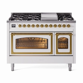 Ilve UN48FNMPWHGLP Ilve Un48Fnmpwhglp Nostalgie Ii Noblesse 48" Dual Fuel Range (8 Sealed Burners   Griddle, Liquid Propane, Triple Glass Door, White, Brass) Freestanding Ranges freestanding dual fuel range 30 inch