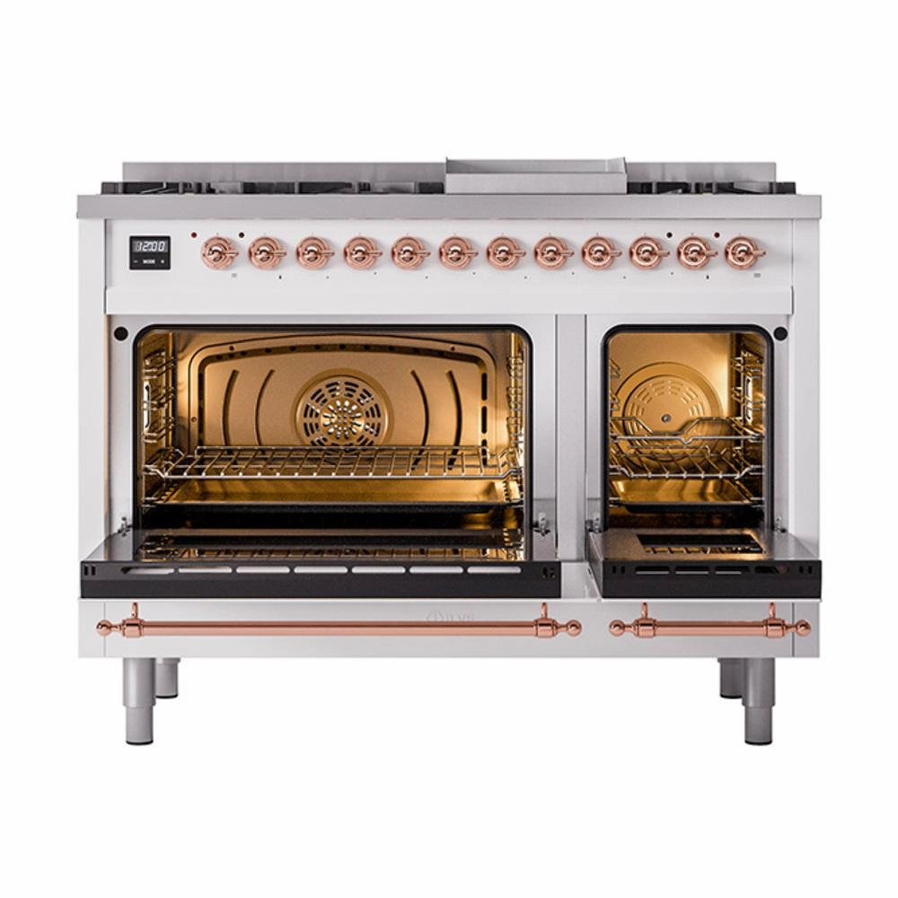 Ilve UN48FNMPWHP Ilve Un48Fnmpwhp Nostalgie Ii Noblesse 48" Dual Fuel Range (8 Sealed Burners   Griddle, Natural Gas, Triple Glass Door, White, Copper)