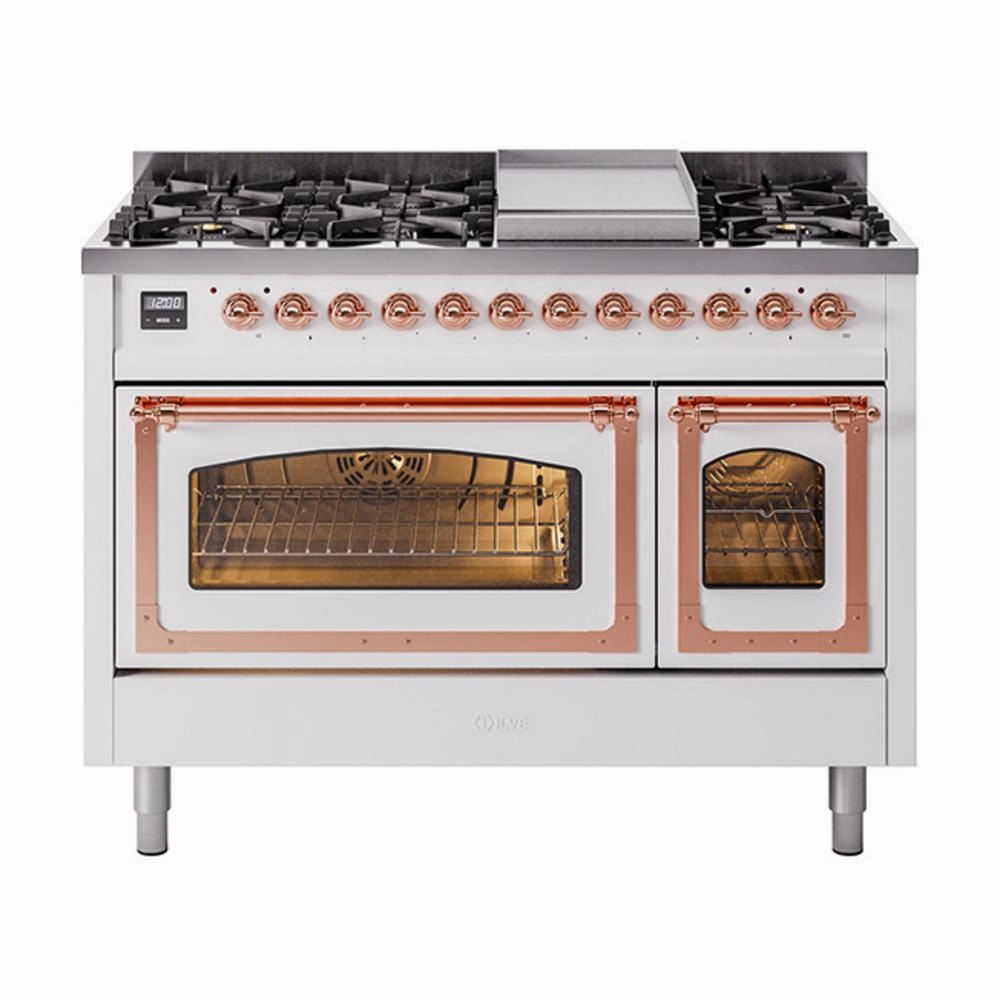 Ilve UN48FNMPWHP Ilve Un48Fnmpwhp Nostalgie Ii Noblesse 48" Dual Fuel Range (8 Sealed Burners   Griddle, Natural Gas, Triple Glass Door, White, Copper) Freestanding Ranges freestanding dual fuel range 30 inch