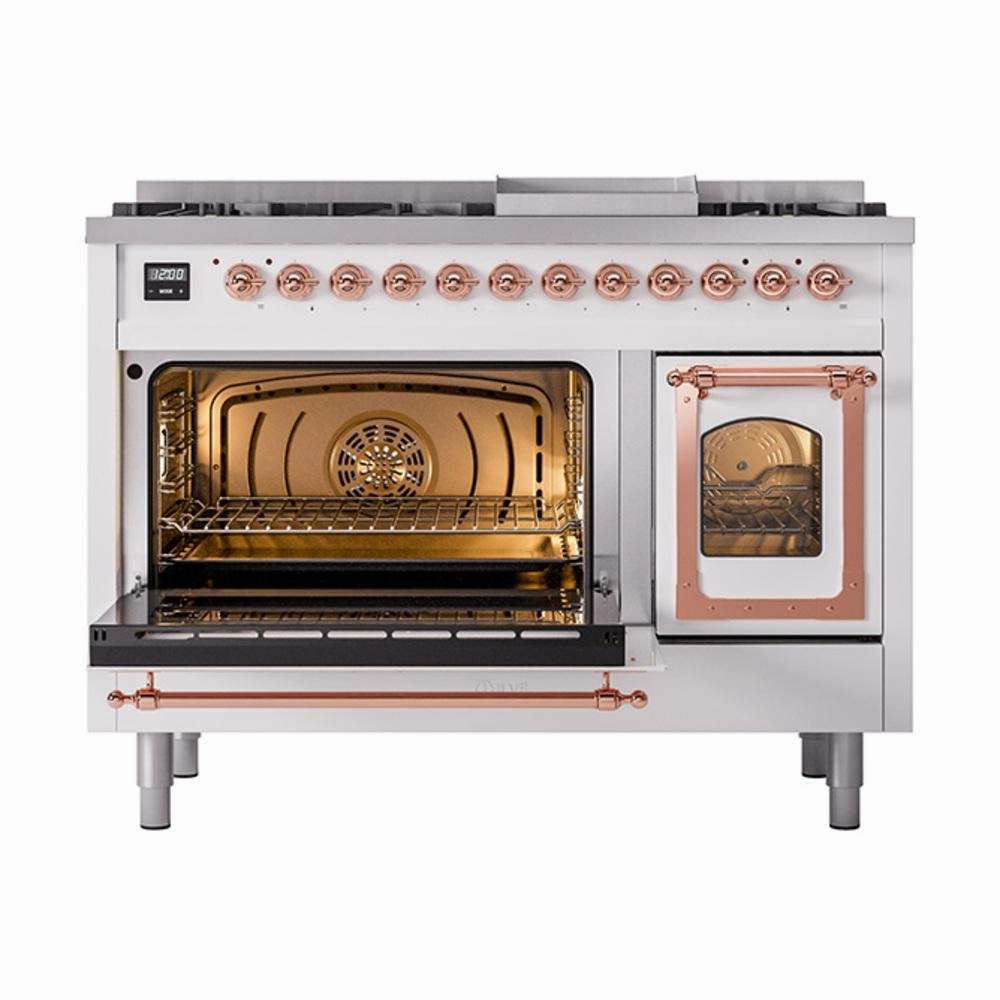 Ilve UN48FNMPWHP Ilve Un48Fnmpwhp Nostalgie Ii Noblesse 48" Dual Fuel Range (8 Sealed Burners   Griddle, Natural Gas, Triple Glass Door, White, Copper)