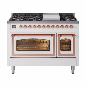 Ilve UN48FNMPWHP Ilve Un48Fnmpwhp Nostalgie Ii Noblesse 48" Dual Fuel Range (8 Sealed Burners   Griddle, Natural Gas, Triple Glass Door, White, Copper) Freestanding Ranges freestanding dual fuel range 30 inch
