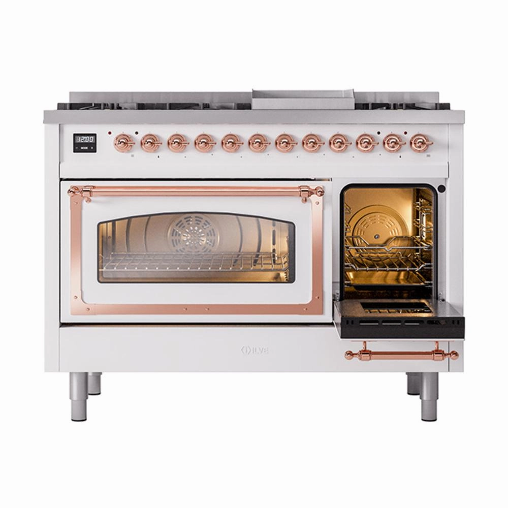 Ilve UN48FNMPWHP Ilve Un48Fnmpwhp Nostalgie Ii Noblesse 48" Dual Fuel Range (8 Sealed Burners   Griddle, Natural Gas, Triple Glass Door, White, Copper)