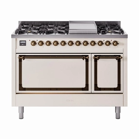Ilve UN48FQNMPAWB Ilve Un48Fqnmpawb Nostalgie Ii Noblesse 48" Dual Fuel Range (8 Sealed Burners   Griddle, Natural Gas, Solid Door, Antique White, Burnished) Freestanding Ranges freestanding dual fuel range 30 inch