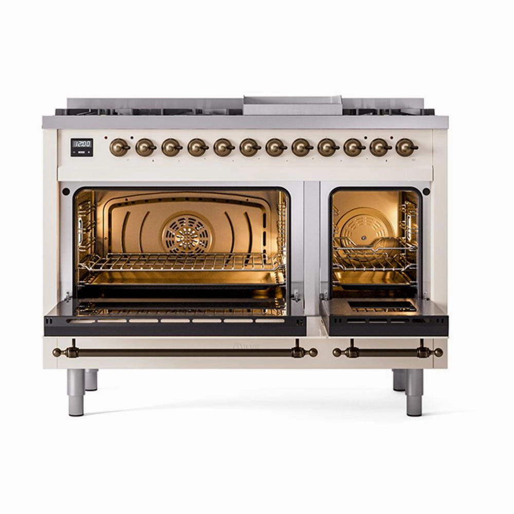 Ilve UN48FQNMPAWB Ilve Un48Fqnmpawb Nostalgie Ii Noblesse 48" Dual Fuel Range (8 Sealed Burners   Griddle, Natural Gas, Solid Door, Antique White, Burnished)