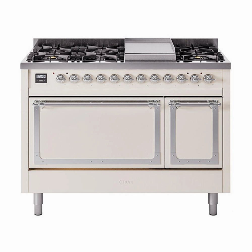 Ilve UN48FQNMPAWC Ilve Un48Fqnmpawc Nostalgie Ii Noblesse 48" Dual Fuel Range (8 Sealed Burners   Griddle, Natural Gas, Solid Door, Antique White, Chrome) Freestanding Ranges freestanding dual fuel range 30 inch