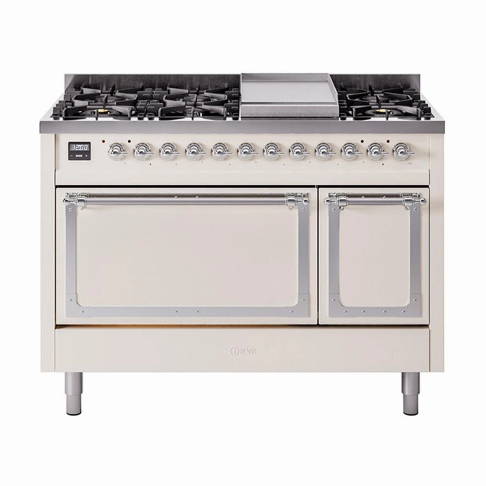 Ilve UN48FQNMPAWCLP Ilve Un48Fqnmpawclp Nostalgie Ii Noblesse 48" Dual Fuel Range (8 Sealed Burners   Griddle, Liquid Propane, Solid Door, Antique White, Chrome) Freestanding Ranges freestanding dual fuel range 30 inch