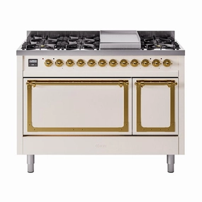 Ilve UN48FQNMPAWG Ilve Un48Fqnmpawg Nostalgie Ii Noblesse 48" Dual Fuel Range (8 Sealed Burners   Griddle, Natural Gas, Solid Door, Antique White, Brass) Freestanding Ranges freestanding dual fuel range 30 inch