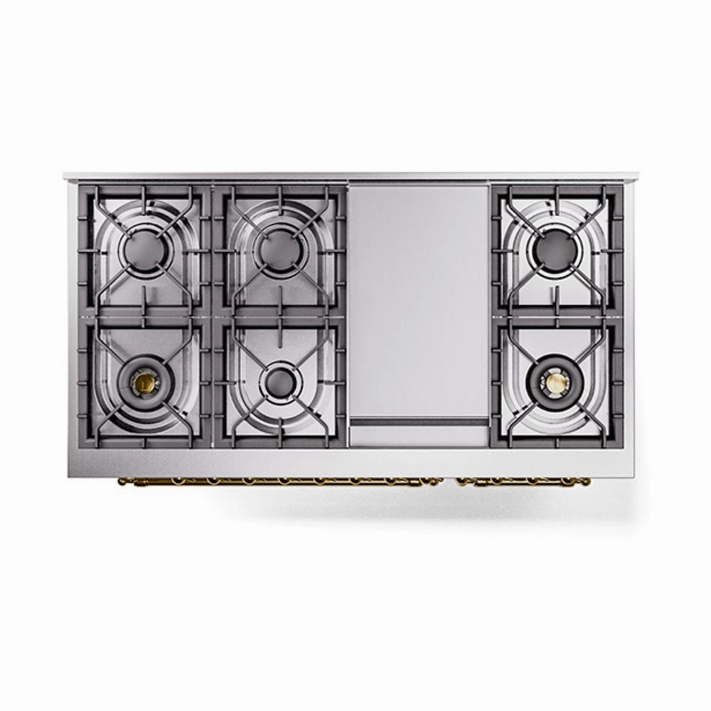 Ilve UN48FQNMPAWG Ilve Un48Fqnmpawg Nostalgie Ii Noblesse 48" Dual Fuel Range (8 Sealed Burners   Griddle, Natural Gas, Solid Door, Antique White, Brass)