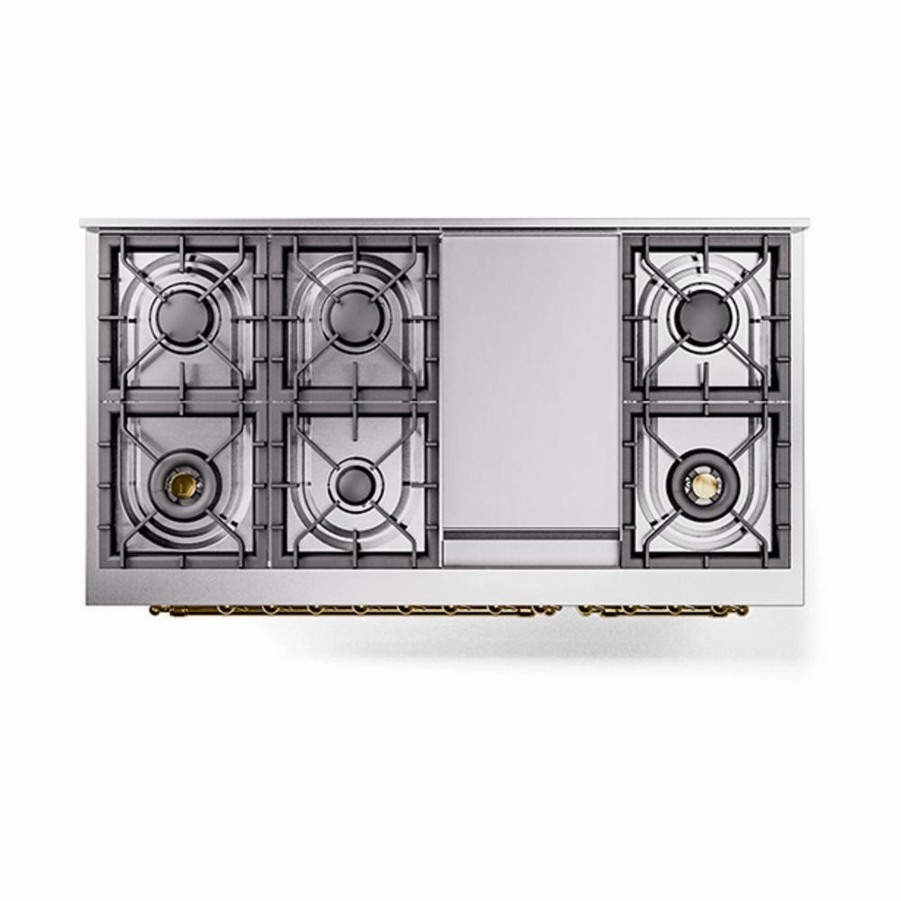 Ilve UN48FQNMPAWGLP Ilve Un48Fqnmpawglp Nostalgie Ii Noblesse 48" Dual Fuel Range (8 Sealed Burners   Griddle, Liquid Propane, Solid Door, Antique White, Brass)