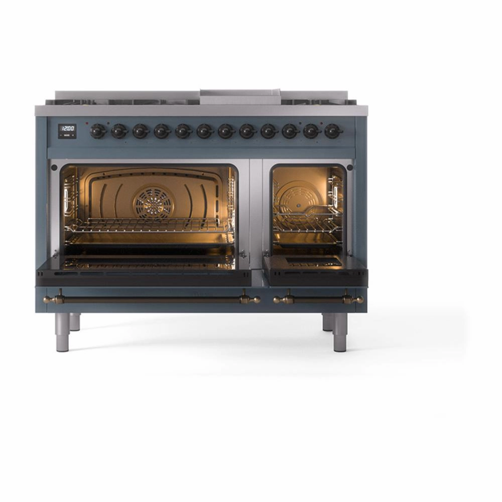 Ilve UN48FQNMPBGBLP Ilve Un48Fqnmpbgblp Nostalgie Ii Noblesse 48" Dual Fuel Range (8 Sealed Burners   Griddle, Liquid Propane, Solid Door, Blue Grey, Burnished)