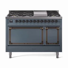 Ilve UN48FQNMPBGBLP Ilve Un48Fqnmpbgblp Nostalgie Ii Noblesse 48" Dual Fuel Range (8 Sealed Burners   Griddle, Liquid Propane, Solid Door, Blue Grey, Burnished) Freestanding Ranges freestanding dual fuel range 30 inch