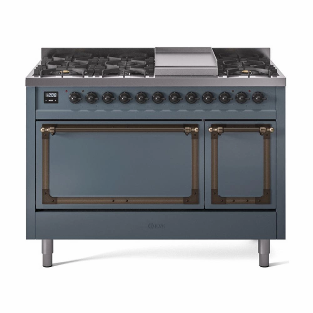 Ilve UN48FQNMPBGBLP Ilve Un48Fqnmpbgblp Nostalgie Ii Noblesse 48" Dual Fuel Range (8 Sealed Burners   Griddle, Liquid Propane, Solid Door, Blue Grey, Burnished) Freestanding Ranges freestanding dual fuel range 30 inch
