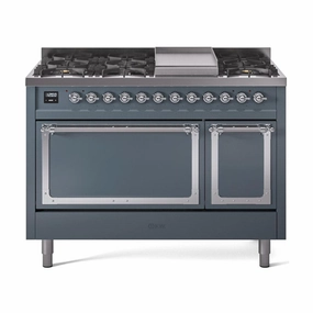 Ilve UN48FQNMPBGCLP Ilve Un48Fqnmpbgclp Nostalgie Ii Noblesse 48" Dual Fuel Range (8 Sealed Burners   Griddle, Liquid Propane, Solid Door, Blue Grey, Chrome) Freestanding Ranges freestanding dual fuel range 30 inch