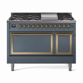 Ilve UN48FQNMPBGG Ilve Un48Fqnmpbgg Nostalgie Ii Noblesse 48" Dual Fuel Range (8 Sealed Burners   Griddle, Natural Gas, Solid Door, Blue Grey, Brass) Freestanding Ranges freestanding dual fuel range 30 inch