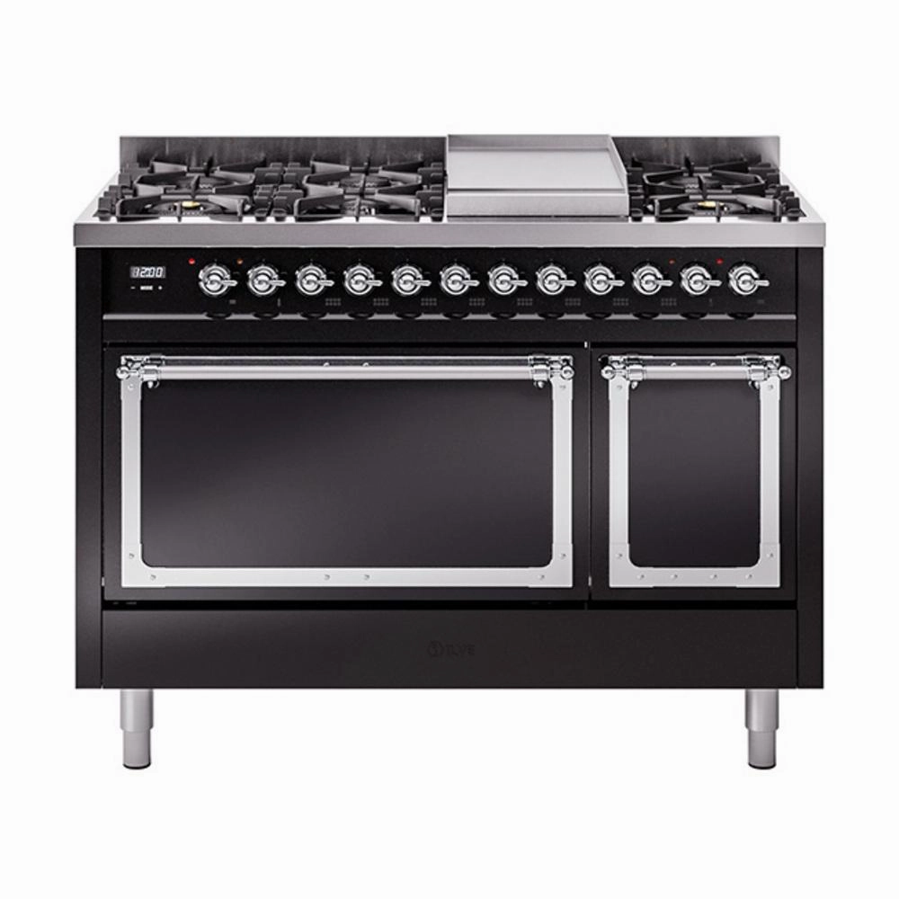 Ilve UN48FQNMPBKC Ilve Un48Fqnmpbkc Nostalgie Ii Noblesse 48" Dual Fuel Range (8 Sealed Burners   Griddle, Natural Gas, Solid Door, Glossy Black, Chrome) Freestanding Ranges freestanding dual fuel range 30 inch