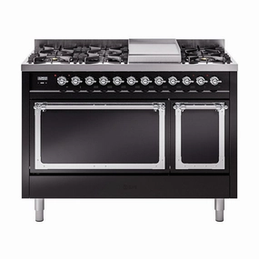Ilve UN48FQNMPBKC Ilve Un48Fqnmpbkc Nostalgie Ii Noblesse 48" Dual Fuel Range (8 Sealed Burners   Griddle, Natural Gas, Solid Door, Glossy Black, Chrome) Freestanding Ranges freestanding dual fuel range 30 inch