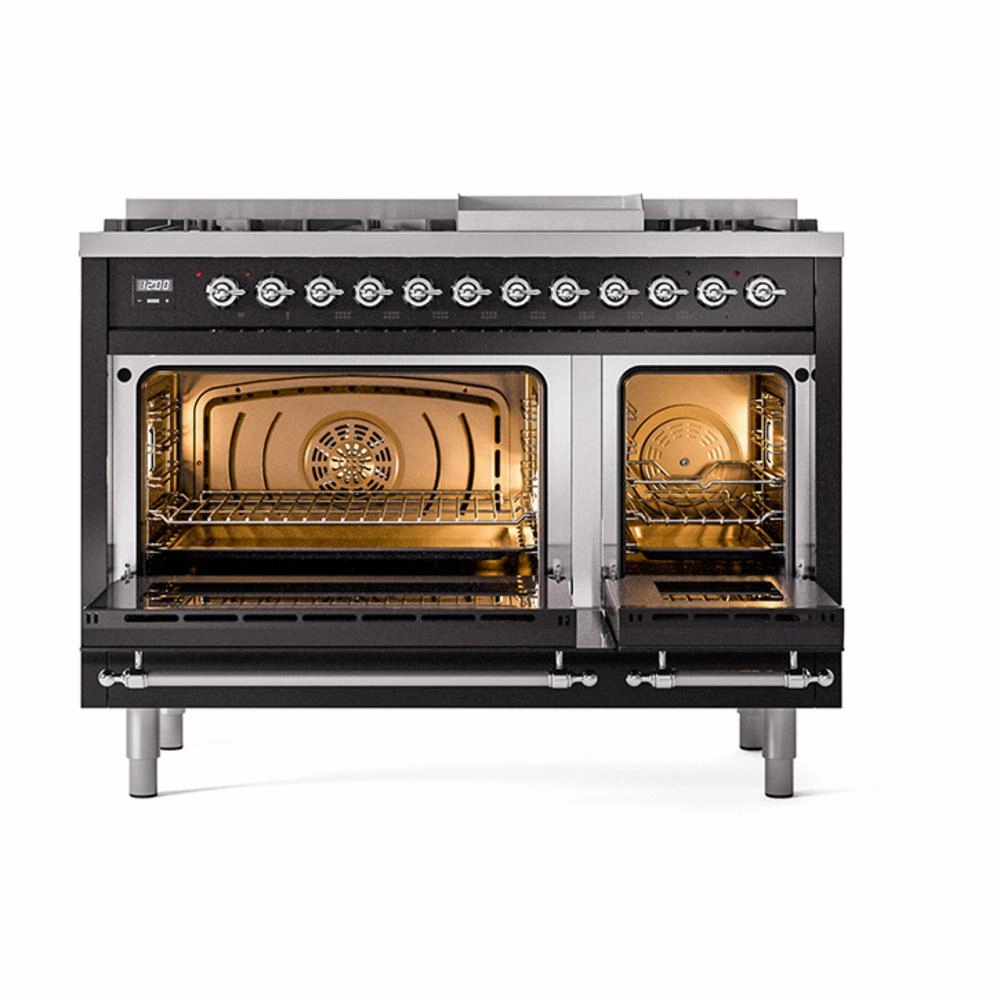 Ilve UN48FQNMPBKC Ilve Un48Fqnmpbkc Nostalgie Ii Noblesse 48" Dual Fuel Range (8 Sealed Burners   Griddle, Natural Gas, Solid Door, Glossy Black, Chrome)