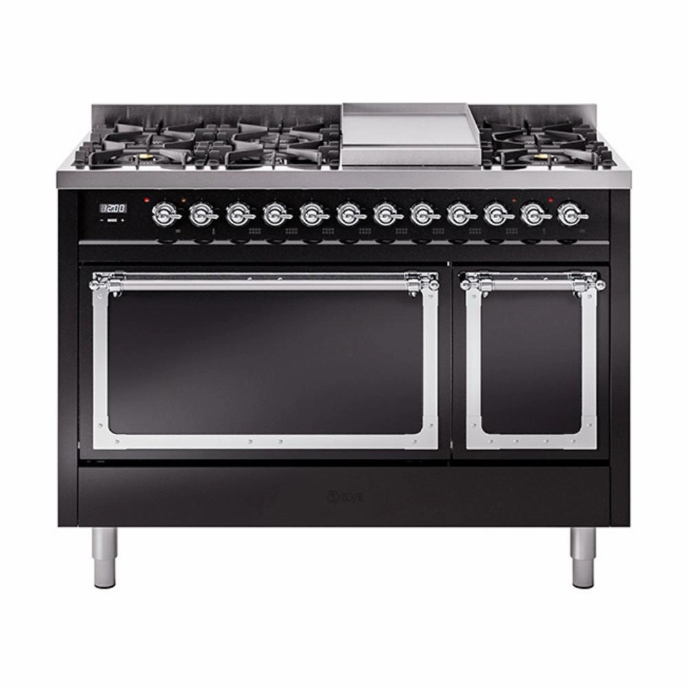 Ilve UN48FQNMPBKCLP Ilve Un48Fqnmpbkclp Nostalgie Ii Noblesse 48" Dual Fuel Range (8 Sealed Burners   Griddle, Liquid Propane, Solid Door, Glossy Black, Chrome) Freestanding Ranges freestanding dual fuel range 30 inch
