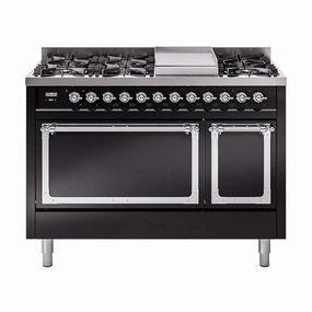 Ilve UN48FQNMPBKCLP Ilve Un48Fqnmpbkclp Nostalgie Ii Noblesse 48" Dual Fuel Range (8 Sealed Burners   Griddle, Liquid Propane, Solid Door, Glossy Black, Chrome) Freestanding Ranges freestanding dual fuel range 30 inch