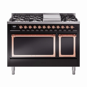 Ilve UN48FQNMPBKPLP Ilve Un48Fqnmpbkplp Nostalgie Ii Noblesse 48" Dual Fuel Range (8 Sealed Burners   Griddle, Liquid Propane, Solid Door, Glossy Black, Copper) Freestanding Ranges freestanding dual fuel range 30 inch