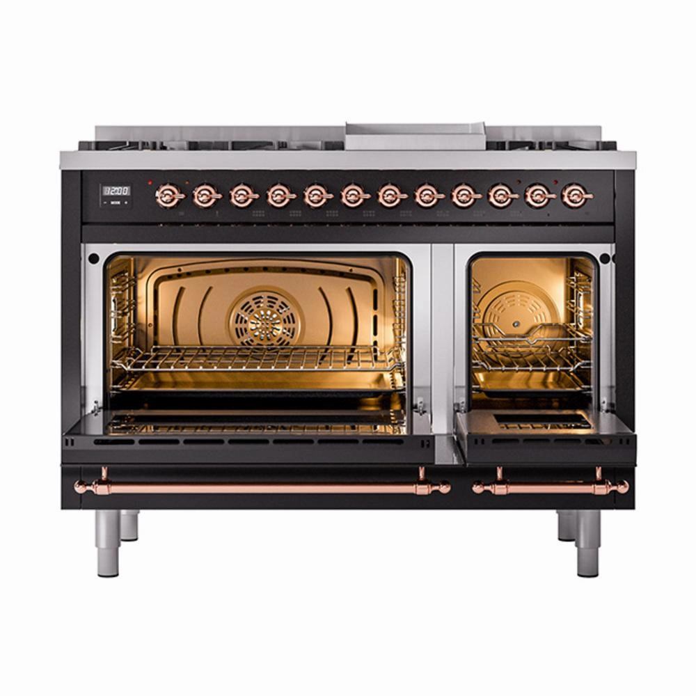 Ilve UN48FQNMPBKPLP Ilve Un48Fqnmpbkplp Nostalgie Ii Noblesse 48" Dual Fuel Range (8 Sealed Burners   Griddle, Liquid Propane, Solid Door, Glossy Black, Copper)