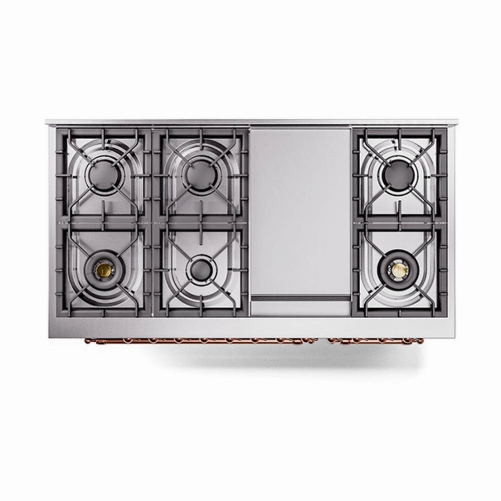 Ilve UN48FQNMPBKPLP Ilve Un48Fqnmpbkplp Nostalgie Ii Noblesse 48" Dual Fuel Range (8 Sealed Burners   Griddle, Liquid Propane, Solid Door, Glossy Black, Copper)