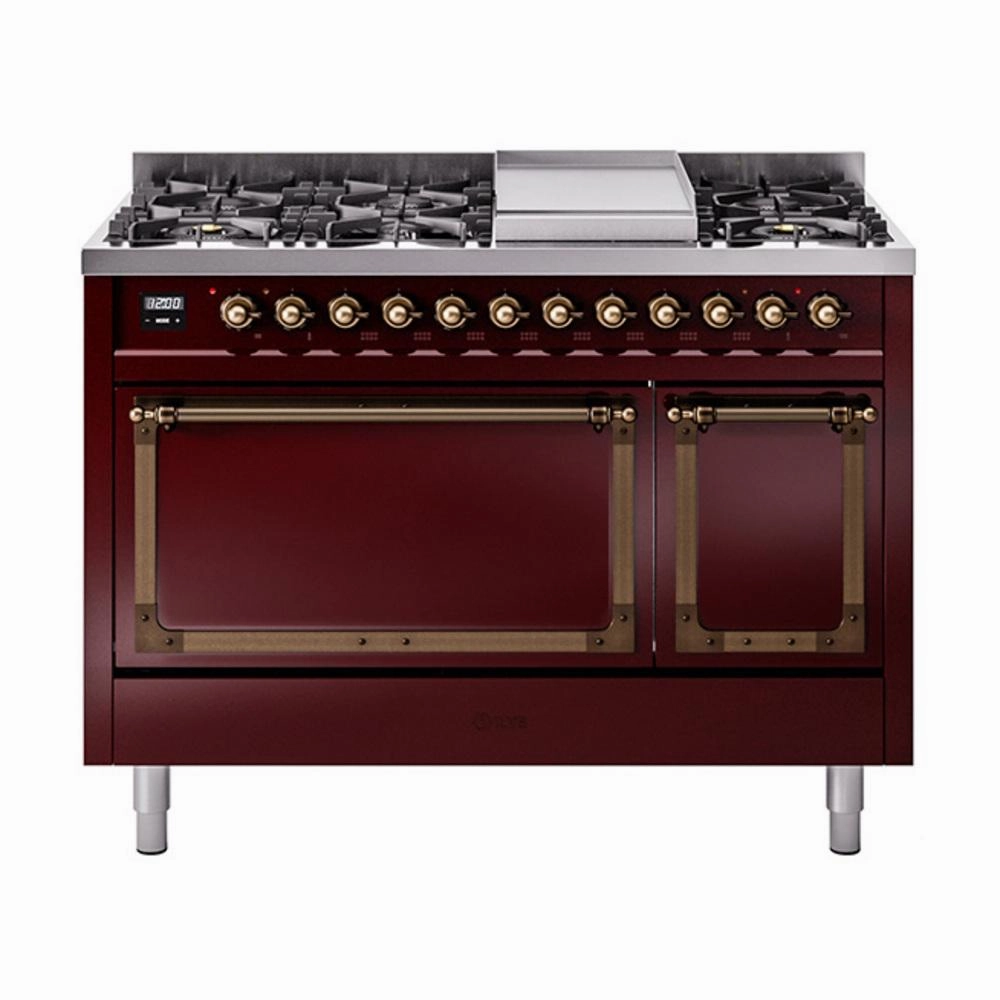 Ilve UN48FQNMPBUBLP Ilve Un48Fqnmpbublp Nostalgie Ii Noblesse 48" Dual Fuel Range (8 Sealed Burners   Griddle, Liquid Propane, Solid Door, Burgundy, Burnished) Freestanding Ranges freestanding dual fuel range 30 inch