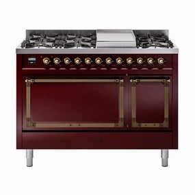 Ilve UN48FQNMPBUBLP Ilve Un48Fqnmpbublp Nostalgie Ii Noblesse 48" Dual Fuel Range (8 Sealed Burners   Griddle, Liquid Propane, Solid Door, Burgundy, Burnished) Freestanding Ranges freestanding dual fuel range 30 inch