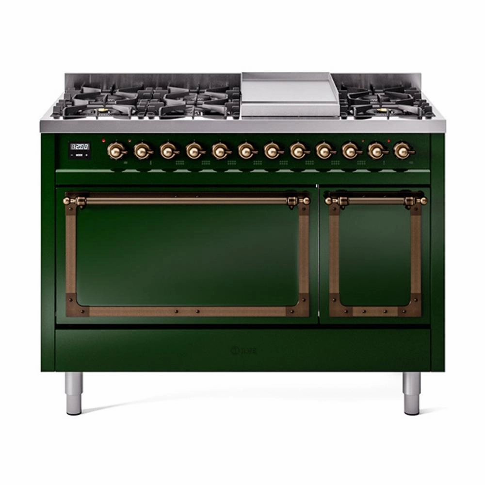 Ilve UN48FQNMPEGB Ilve Un48Fqnmpegb Nostalgie Ii Noblesse 48" Dual Fuel Range (8 Sealed Burners   Griddle, Natural Gas, Solid Door, Emerald Green, Burnished) Freestanding Ranges freestanding dual fuel range 30 inch