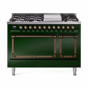 Ilve UN48FQNMPEGB Ilve Un48Fqnmpegb Nostalgie Ii Noblesse 48" Dual Fuel Range (8 Sealed Burners   Griddle, Natural Gas, Solid Door, Emerald Green, Burnished) Freestanding Ranges freestanding dual fuel range 30 inch