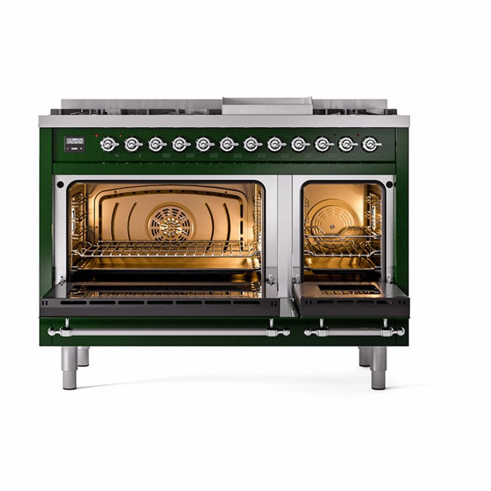 Ilve UN48FQNMPEGC Ilve Un48Fqnmpegc Nostalgie Ii Noblesse 48" Dual Fuel Range (8 Sealed Burners   Griddle, Natural Gas, Solid Door, Emerald Green, Chrome)