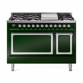 Ilve UN48FQNMPEGC Ilve Un48Fqnmpegc Nostalgie Ii Noblesse 48" Dual Fuel Range (8 Sealed Burners   Griddle, Natural Gas, Solid Door, Emerald Green, Chrome) Freestanding Ranges freestanding dual fuel range 30 inch