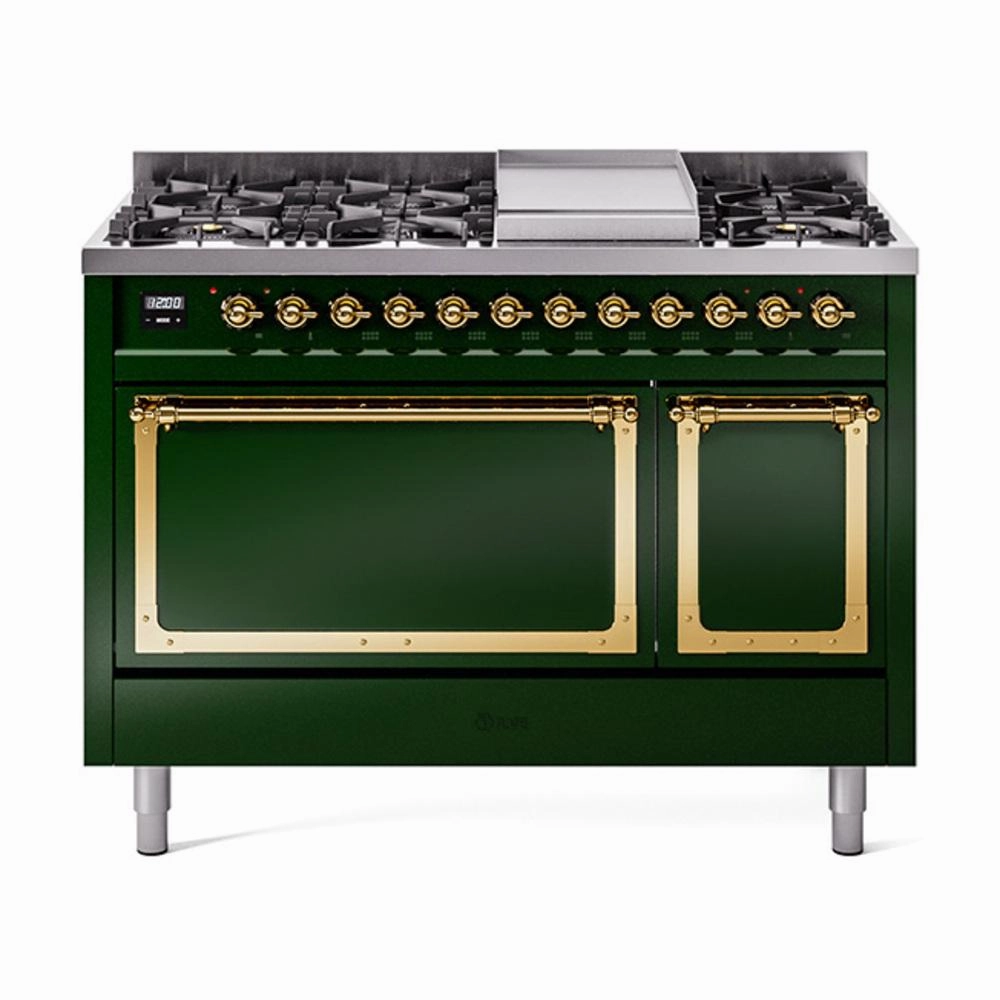 Ilve UN48FQNMPEGG Ilve Un48Fqnmpegg Nostalgie Ii Noblesse 48" Dual Fuel Range (8 Sealed Burners   Griddle, Natural Gas, Solid Door, Emerald Green, Brass) Freestanding Ranges freestanding dual fuel range 30 inch