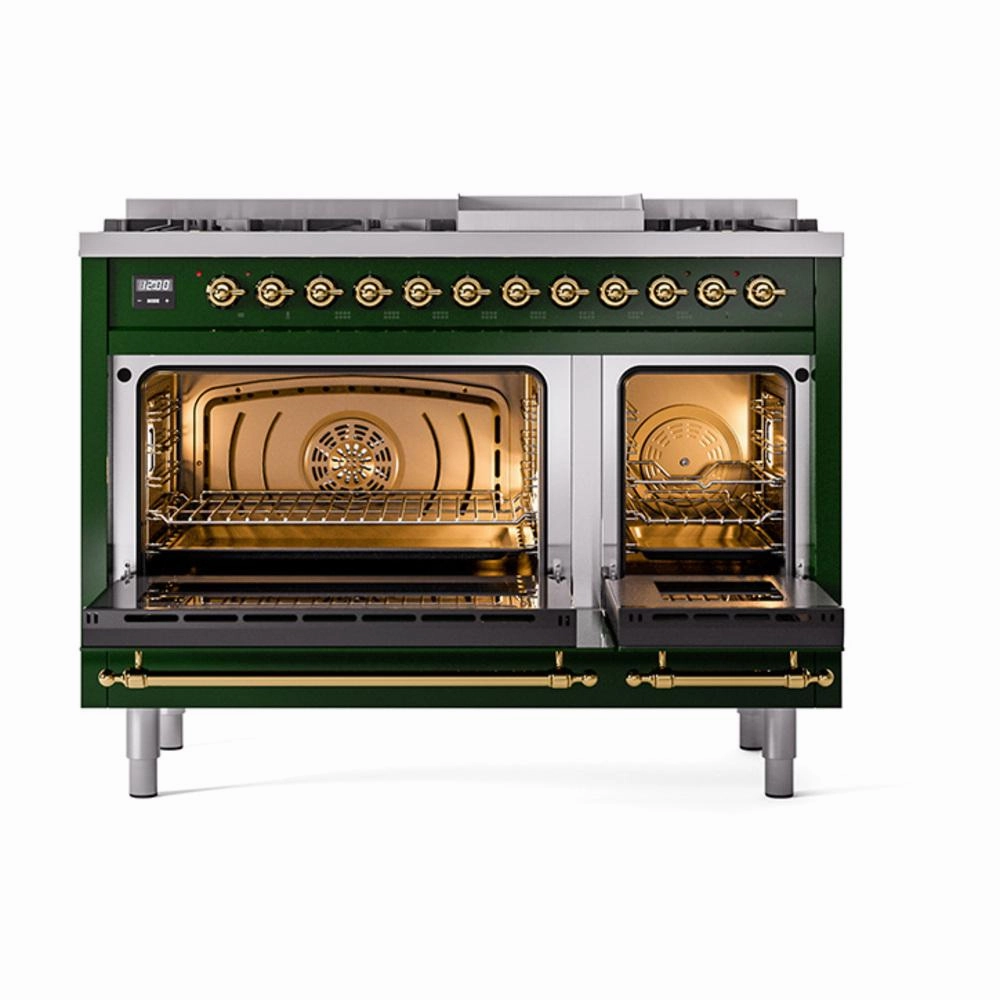 Ilve UN48FQNMPEGG Ilve Un48Fqnmpegg Nostalgie Ii Noblesse 48" Dual Fuel Range (8 Sealed Burners   Griddle, Natural Gas, Solid Door, Emerald Green, Brass)
