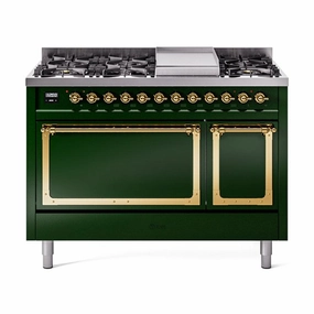 Ilve UN48FQNMPEGG Ilve Un48Fqnmpegg Nostalgie Ii Noblesse 48" Dual Fuel Range (8 Sealed Burners   Griddle, Natural Gas, Solid Door, Emerald Green, Brass) Freestanding Ranges freestanding dual fuel range 30 inch
