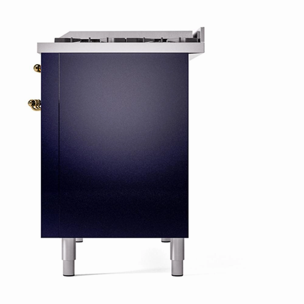 Ilve UN48FQNMPMBG Ilve Un48Fqnmpmbg Nostalgie Ii Noblesse 48" Dual Fuel Range (8 Sealed Burners   Griddle, Natural Gas, Solid Door, Midnight Blue, Brass)