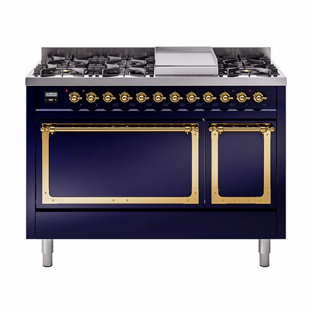 Ilve UN48FQNMPMBG Ilve Un48Fqnmpmbg Nostalgie Ii Noblesse 48" Dual Fuel Range (8 Sealed Burners   Griddle, Natural Gas, Solid Door, Midnight Blue, Brass) Freestanding Ranges freestanding dual fuel range 30 inch