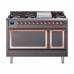 Ilve UN48FQNMPMGP Ilve Un48Fqnmpmgp Nostalgie Ii Noblesse 48" Dual Fuel Range (8 Sealed Burners   Griddle, Natural Gas, Solid Door, Graphite Matte, Copper) Freestanding Ranges freestanding dual fuel range 30 inch