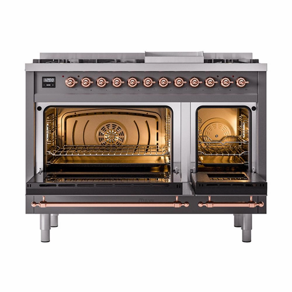 Ilve UN48FQNMPMGP Ilve Un48Fqnmpmgp Nostalgie Ii Noblesse 48" Dual Fuel Range (8 Sealed Burners   Griddle, Natural Gas, Solid Door, Graphite Matte, Copper)