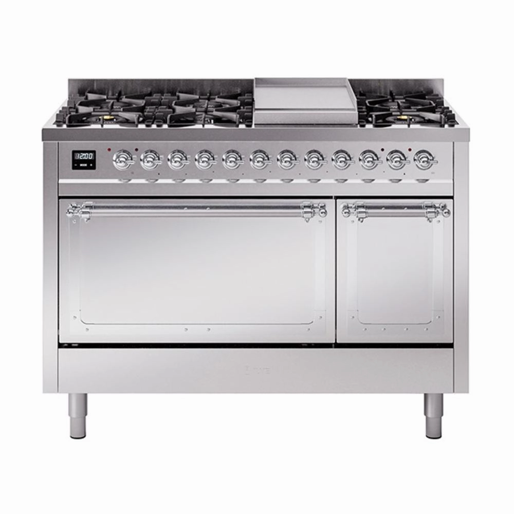 Ilve UN48FQNMPSSCLP Ilve Un48Fqnmpssclp Nostalgie Ii Noblesse 48" Dual Fuel Range (8 Sealed Burners   Griddle, Liquid Propane, Solid Door, Stainless Steel, Chrome) Freestanding Ranges freestanding dual fuel range 30 inch