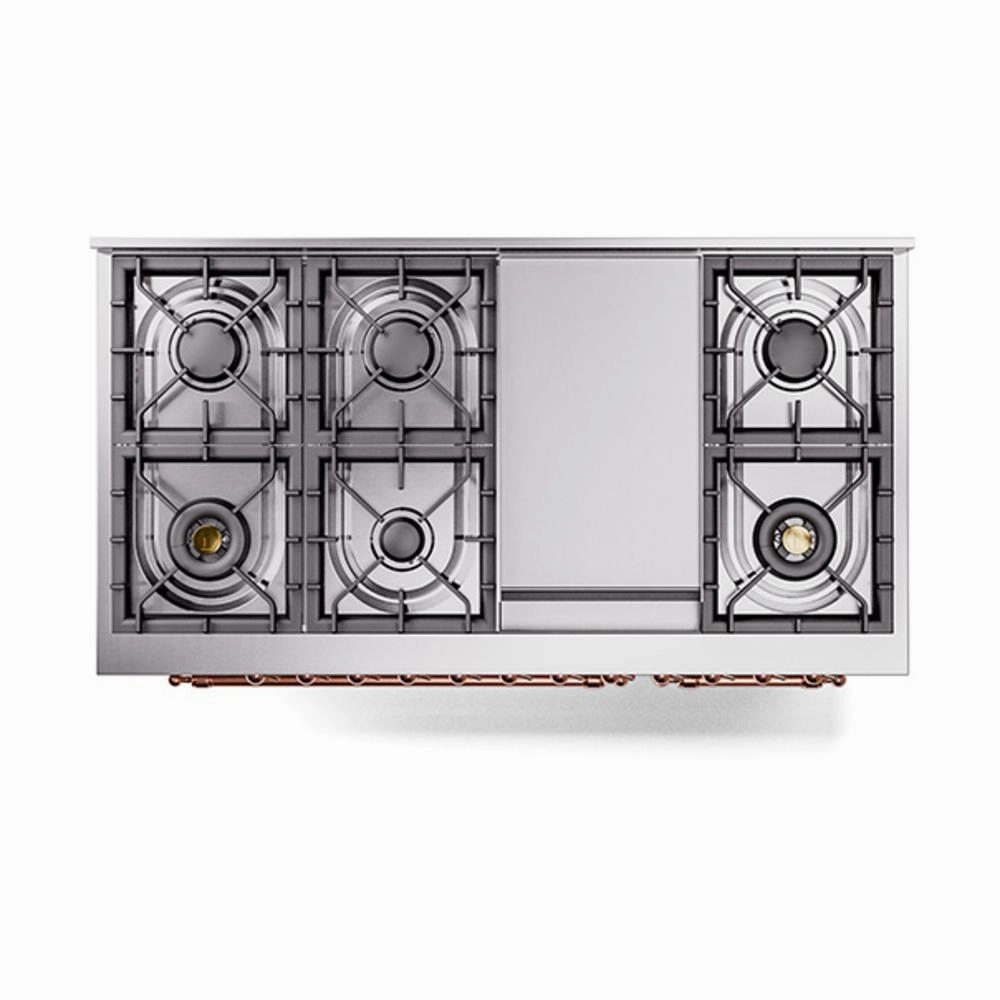 Ilve UN48FQNMPSSPLP Ilve Un48Fqnmpssplp Nostalgie Ii Noblesse 48" Dual Fuel Range (8 Sealed Burners   Griddle, Liquid Propane, Solid Door, Stainless Steel, Copper)