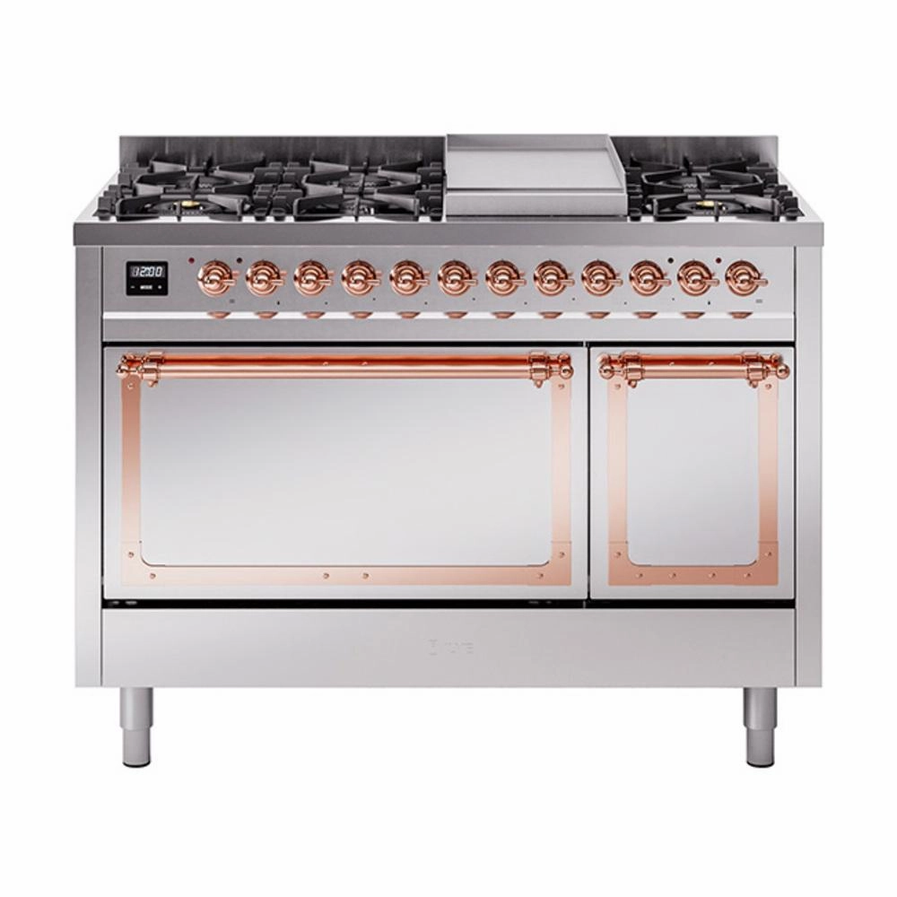 Ilve UN48FQNMPSSPLP Ilve Un48Fqnmpssplp Nostalgie Ii Noblesse 48" Dual Fuel Range (8 Sealed Burners   Griddle, Liquid Propane, Solid Door, Stainless Steel, Copper) Freestanding Ranges freestanding dual fuel range 30 inch