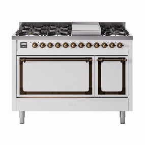 Ilve UN48FQNMPWHB Ilve Un48Fqnmpwhb Nostalgie Ii Noblesse 48" Dual Fuel Range (8 Sealed Burners   Griddle, Natural Gas, Solid Door, White, Burnished) Freestanding Ranges freestanding dual fuel range 30 inch