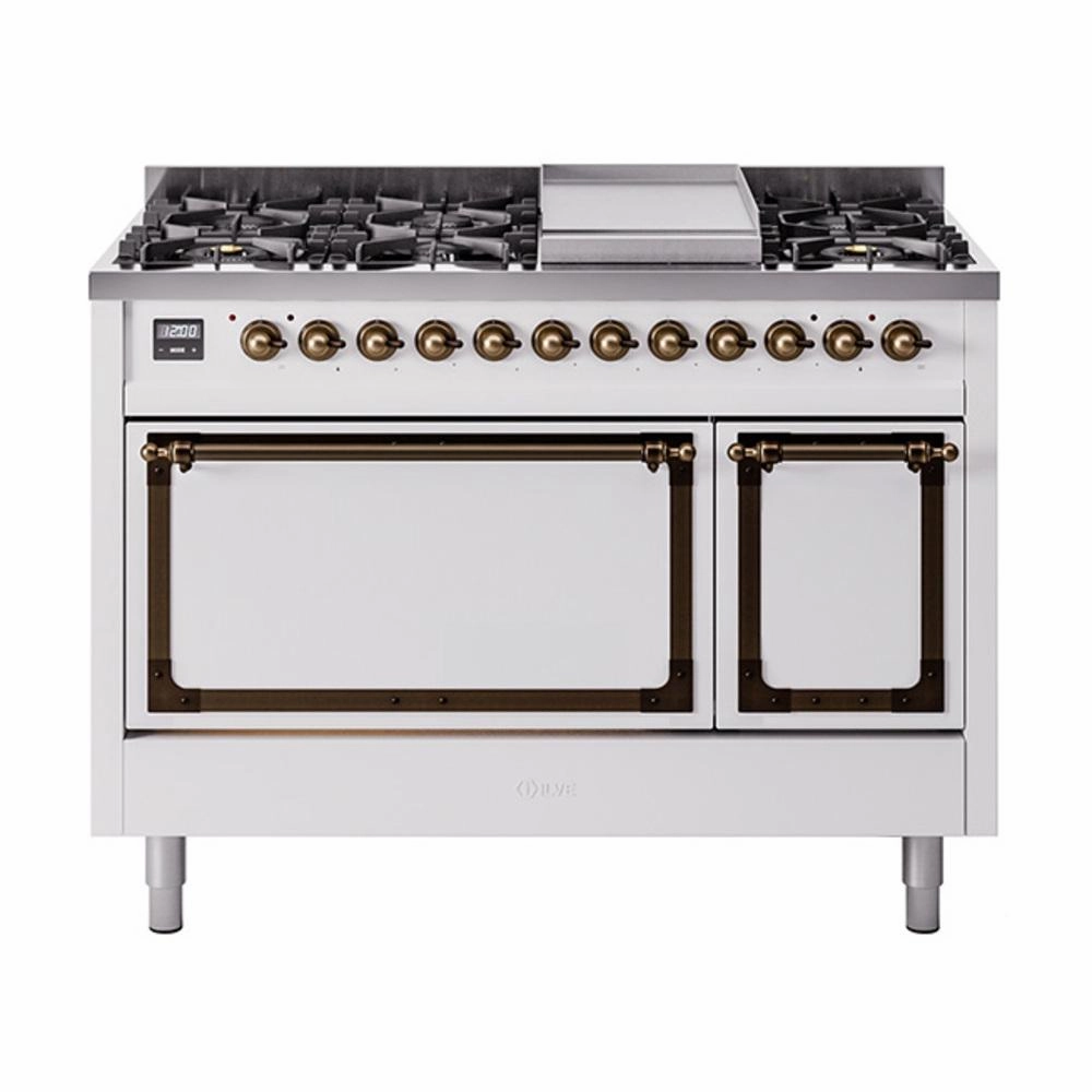 Ilve UN48FQNMPWHB Ilve Un48Fqnmpwhb Nostalgie Ii Noblesse 48" Dual Fuel Range (8 Sealed Burners   Griddle, Natural Gas, Solid Door, White, Burnished) Freestanding Ranges freestanding dual fuel range 30 inch