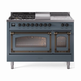 Ilve UN48FSNMPBGB Ilve Un48Fsnmpbgb Nostalgie Ii Noblesse 48" Dual Fuel Range (5 Sealed Burners   Griddle   French Top, Natural Gas, Triple Glass Door, Blue Grey, Burnished) Freestanding Ranges freestanding dual fuel range 30 inch