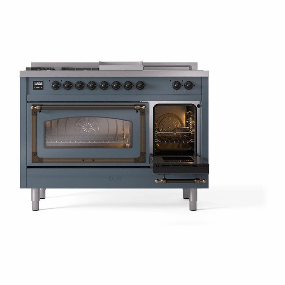 Ilve UN48FSNMPBGB Ilve Un48Fsnmpbgb Nostalgie Ii Noblesse 48" Dual Fuel Range (5 Sealed Burners   Griddle   French Top, Natural Gas, Triple Glass Door, Blue Grey, Burnished)