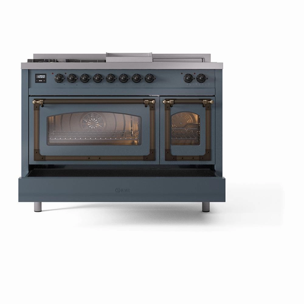 Ilve UN48FSNMPBGB Ilve Un48Fsnmpbgb Nostalgie Ii Noblesse 48" Dual Fuel Range (5 Sealed Burners   Griddle   French Top, Natural Gas, Triple Glass Door, Blue Grey, Burnished)