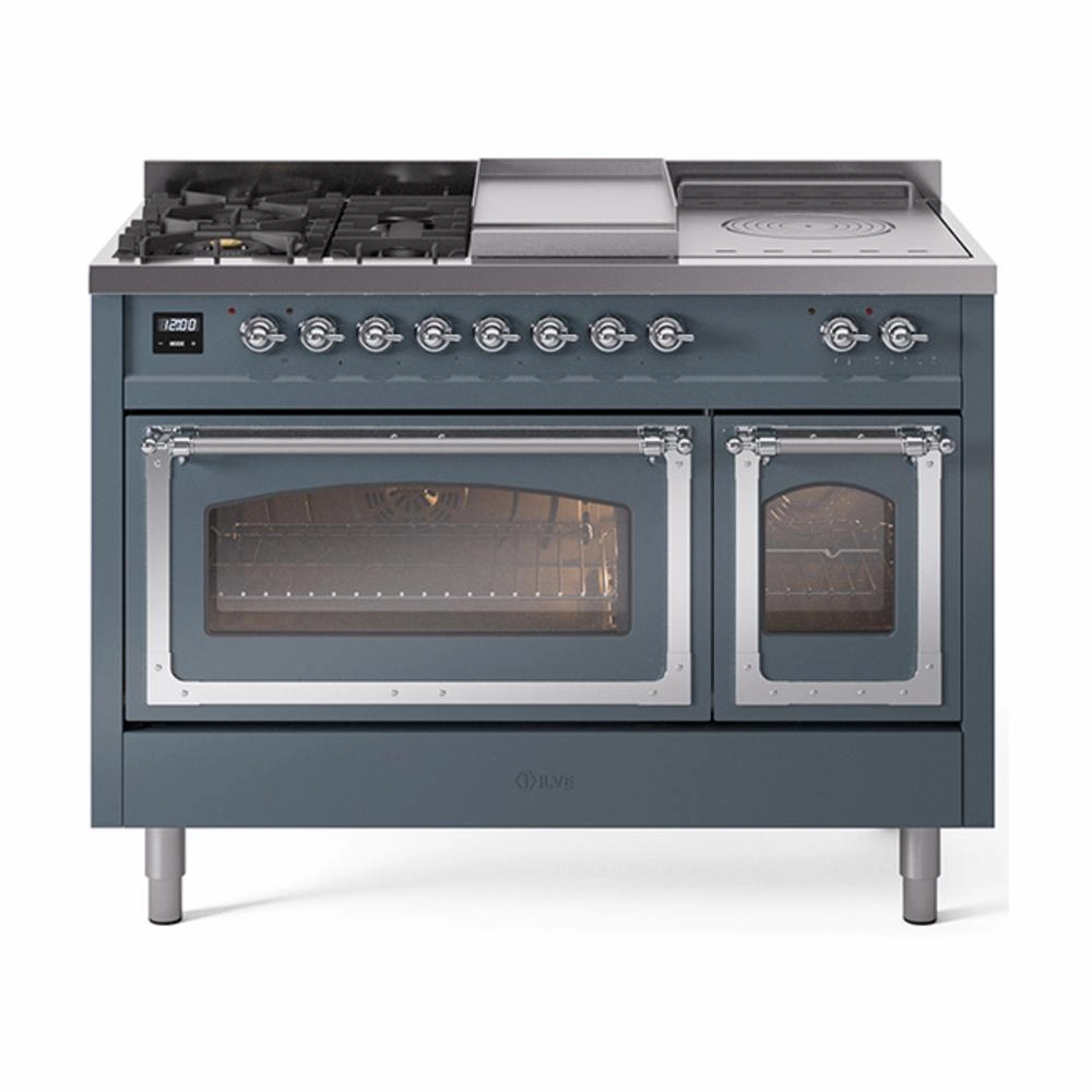 Ilve UN48FSNMPBGC Ilve Un48Fsnmpbgc Nostalgie Ii Noblesse 48" Dual Fuel Range (5 Sealed Burners   Griddle   French Top, Natural Gas, Triple Glass Door, Blue Grey, Chrome) Freestanding Ranges freestanding dual fuel range 30 inch